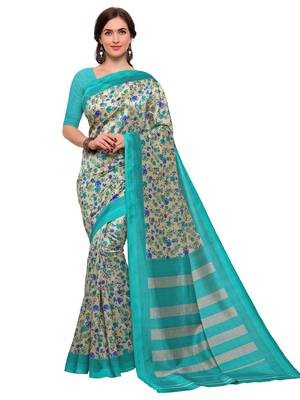 Cream printed bhagalpuri silk saree with blouse 1