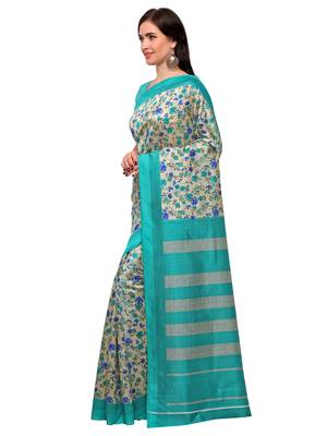Cream printed bhagalpuri silk saree with blouse 2