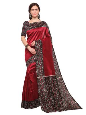 Maroon printed art silk saree with blouse 1
