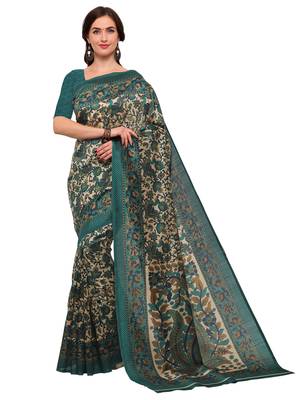 Cream printed art silk saree with blouse 1