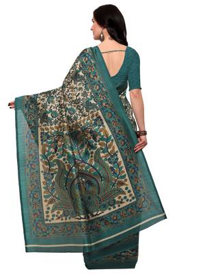 Cream printed art silk saree with blouse 2