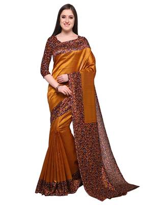 Mustard printed art silk saree with blouse 1