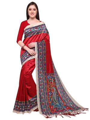 Red printed art silk saree with blouse 1