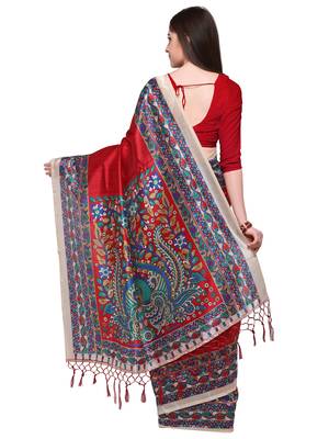 Red printed art silk saree with blouse 2