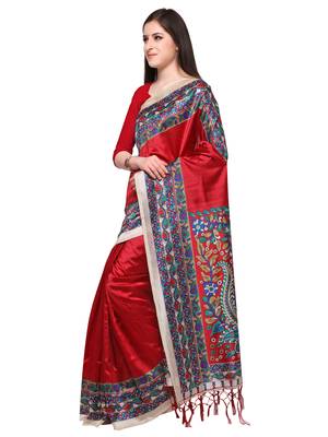 Red printed art silk saree with blouse 3