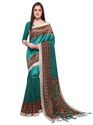 Turquoise printed silk blend saree with blouse 1
