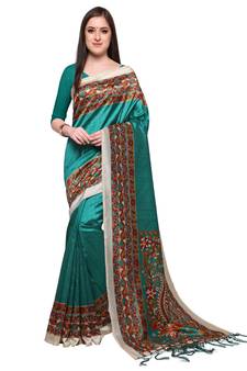 Turquoise printed art silk saree with blouse