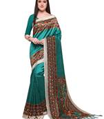Turquoise printed art silk saree with blouse
