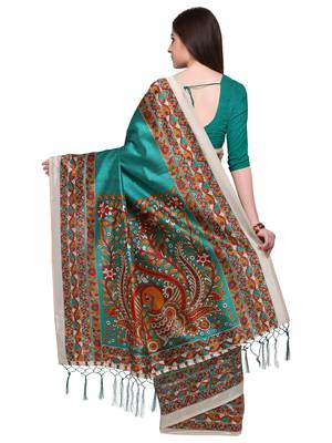 Turquoise printed silk blend saree with blouse 2