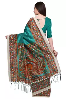 Turquoise printed art silk saree with blouse