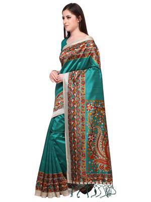 Turquoise printed silk blend saree with blouse 3