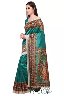 Turquoise printed art silk saree with blouse