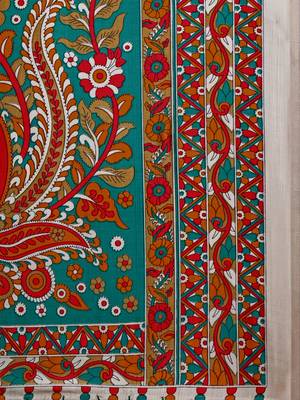 Turquoise printed silk blend saree with blouse 4