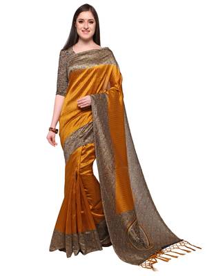 Mustard printed art silk saree with blouse 1