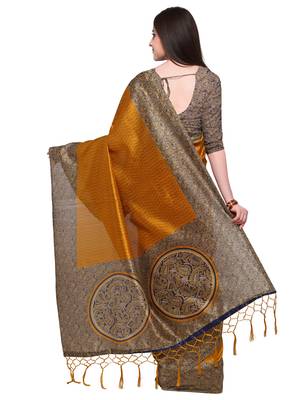 Mustard printed art silk saree with blouse 2