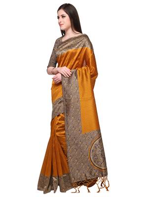 Mustard printed art silk saree with blouse 3