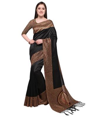 Black printed art silk saree with blouse 1