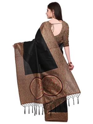 Black printed art silk saree with blouse 2