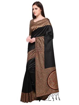 Black printed art silk saree with blouse 3