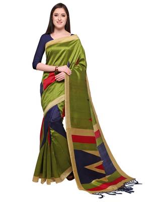 Green printed art silk saree with blouse 1