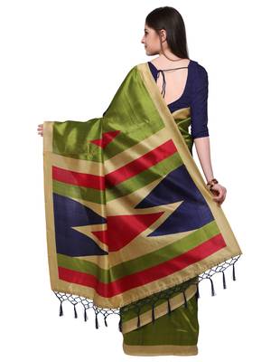Green printed art silk saree with blouse 2