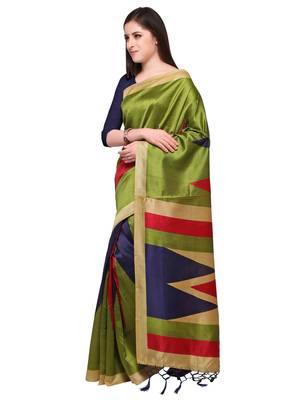 Green printed art silk saree with blouse 3
