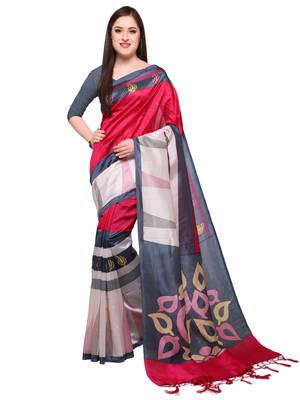 Red printed art silk saree with blouse 1