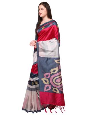 Red printed art silk saree with blouse 3