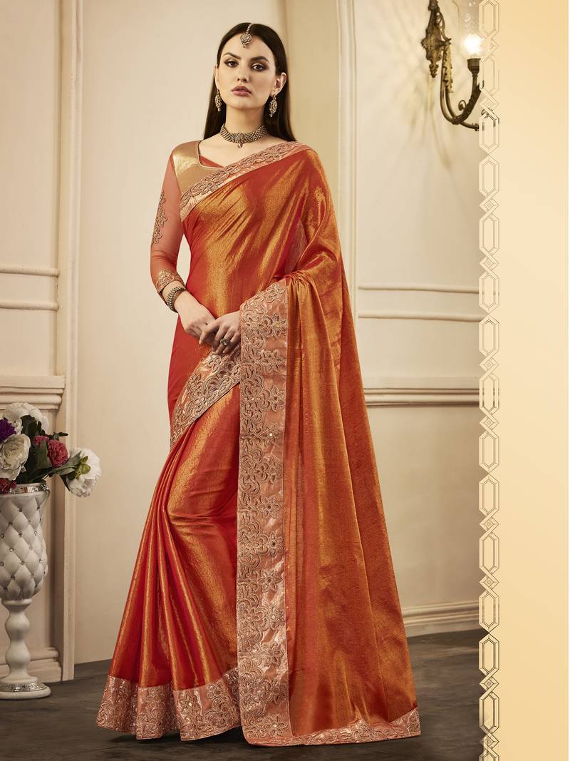 Orange Embroidered Silk Blend Saree With Unstitched Blouse Piece
