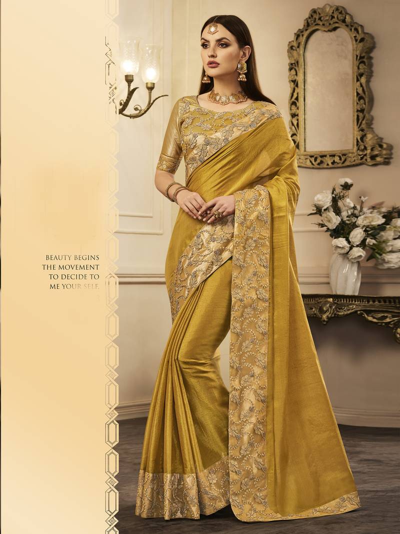 Gold embroidered silk saree with blouse - Shangrila Designer - 2623633