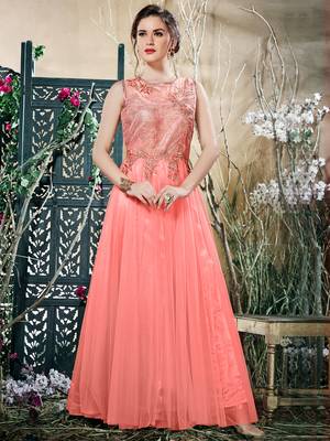Dazzling Peach Net Embroidered Party Wear Stitched Gown 1