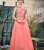 Dazzling Peach Net Embroidered Party Wear Stitched Gown