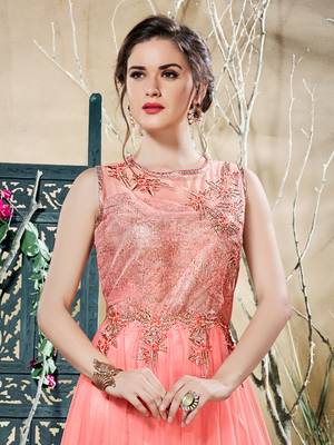 Dazzling Peach Net Embroidered Party Wear Stitched Gown 2