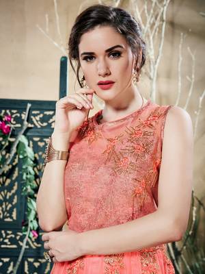 Dazzling Peach Net Embroidered Party Wear Stitched Gown 3
