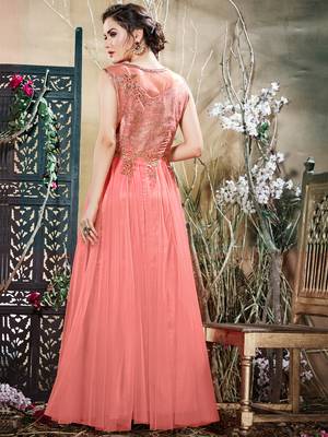 Dazzling Peach Net Embroidered Party Wear Stitched Gown 4