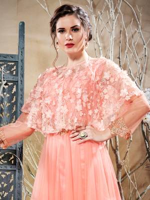 Peach Net Party Wear Anarkali Stitched Gown 2