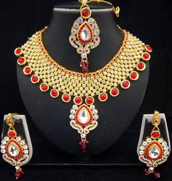 Charming Jewelry Red White Crystal Kundan 4pc Designer Jewelry Set 1