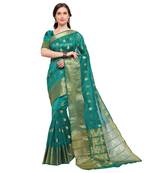 Turquoise woven silk blend saree with blouse