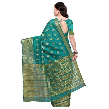 Turquoise woven silk blend saree with blouse 3