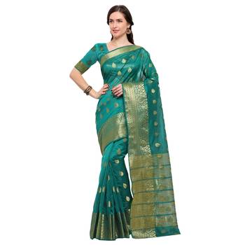 Turquoise woven silk blend saree with blouse 4