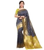 Navy blue woven pure silk saree with blouse