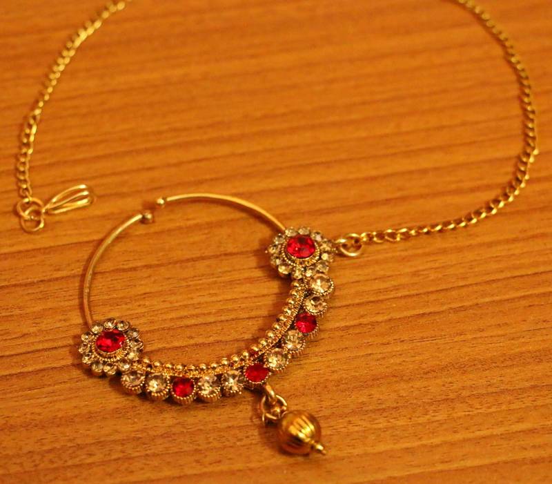Zircon Studded Red Gold Plated Big Nose Ring - Sanvi Jewels - 2624397
