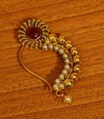 Gold Look Red Stone & Pearl Studded Marathi Nose Ring