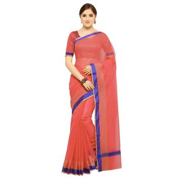 Peach plain pure cotton saree with blouse 1
