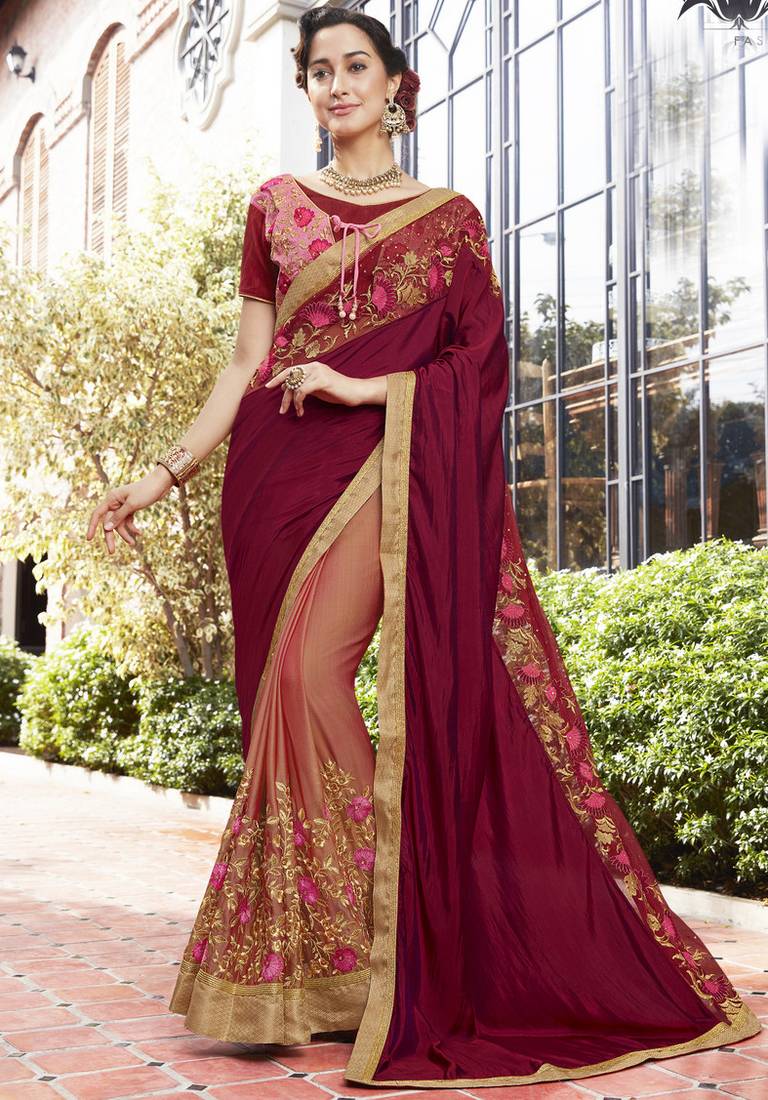 Maroon Silk Blend Embroidered Saree