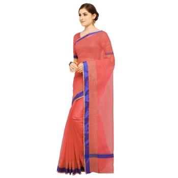 Peach plain pure cotton saree with blouse 2