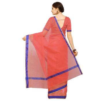 Peach plain pure cotton saree with blouse 3