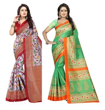 Multicolor printed bhagalpuri cotton silk saree with blouse pack of-2 saree 1
