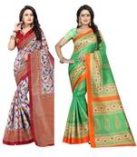Multicolor printed bhagalpuri cotton silk saree with blouse pack of-2 saree
