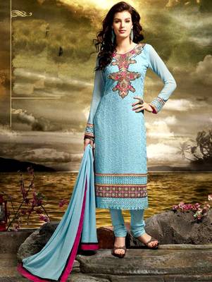 Blue embroidered bamberg semi stitched salwar with dupatta 1